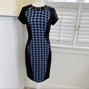 Trulli Black & Blue Houndstooth Plaid Short-Sleeve Beaded Neckline Dress Size 6